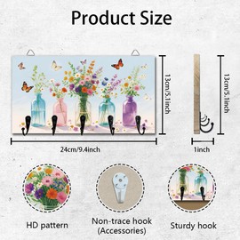 DELORIGIN Wildflowers Vases Key Holder Wall Mounted Display Wooden Key Racks with 5 Metal Hooks Keys Hanger Storage Organizer for Wall Decorative Door Entryway Hallway Kitchen New Home Gift