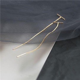 Minimalist Threader Bar Earrings for Women Girls Sterling Silver Charm Long Tassel Chain Drop Dangling Simple Wire Thread Piercing Ear Stud Hypoallergenic Fashion Chic Earring (Golden, One size)