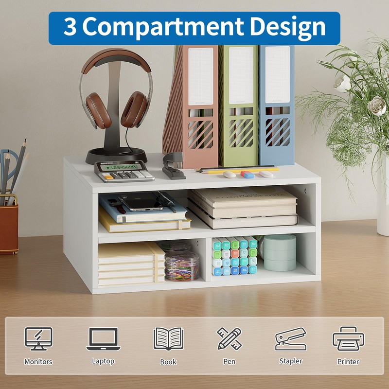 ALISENED Printer Stand for Desk, 2-Tier Wooden Desk Organizer, White