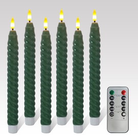 FCMSHAMD Dark Green Spiral Flameless Taper Candles, 9.8 Inch Flickering Candles with Remote and Timer, Real Wax Candlesticks LED Battery Operated 3D Wick for Wedding Party Home Decor, 6PCS