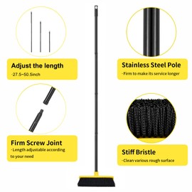 Push Broom Outdoor Indoor Broom 12" Wide,50" Long Handle with Stiff Bristles for Cleaning Scrubbing Deck Driveway Yard Patio Wood Stone Tile Floor