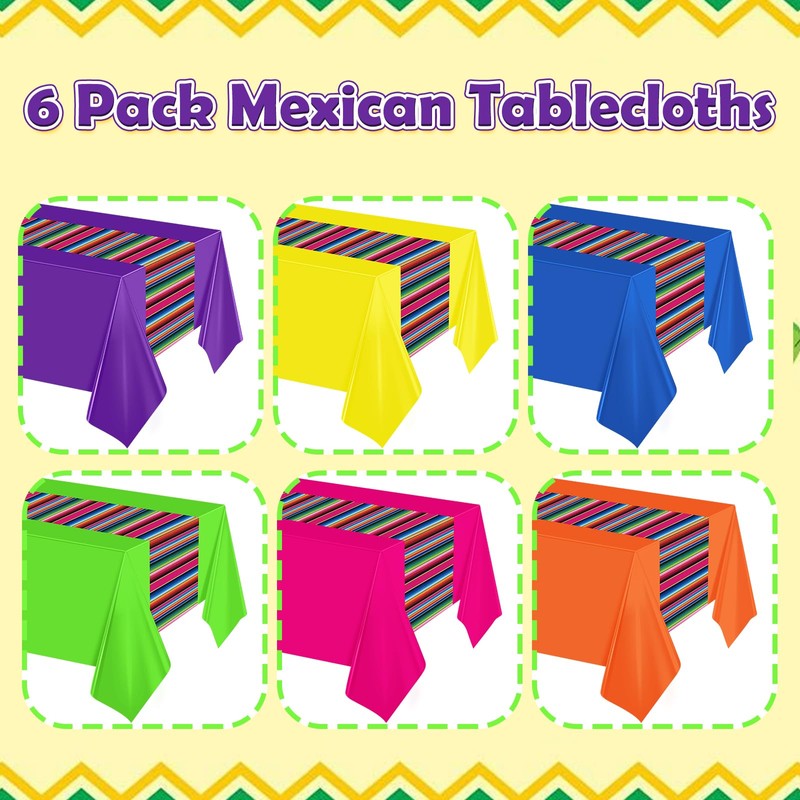 6 Pcs Mexican Fiesta Plastic Tablecloth, Rectangle Disposable Table Cloth