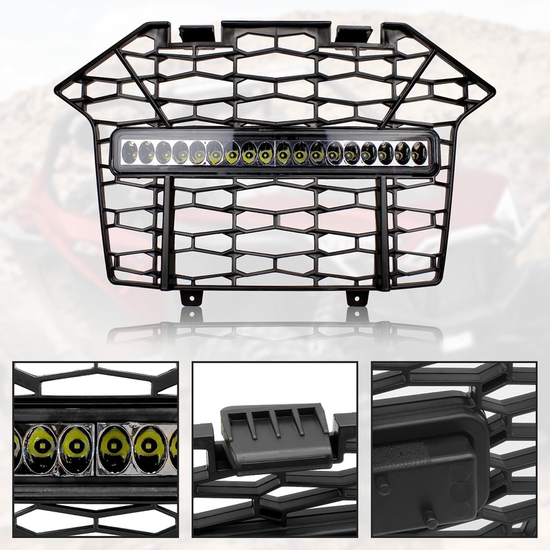 SAUTVS Front Mesh Grill with LED Light Bar for RZR