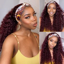 seelaak Kinky Curly Ombre Burgundy 1B/99J HeadBand Wig Human Hair Wigs for Black Women Brazilian 10A Human Hair None Lace Front Human Hair Wigs Machine Made Wigs 150% Density (24 inch