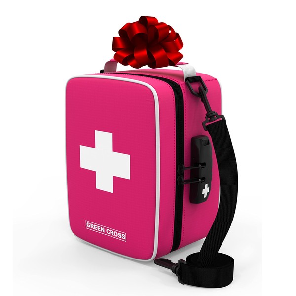 GREEN CROSS Medicine Bag with Combination Lock 8.5" x 5.5" x 4.5"(Pink Nylon)