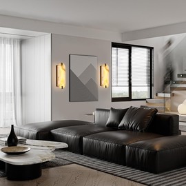 14.17in Alabaster Wall Sconces, Natural Marble Wall Light, Modern LED Alabaster Sconces for Living Room Indoor Wall Lamps for Dining Room Stairs Bedroom,Black