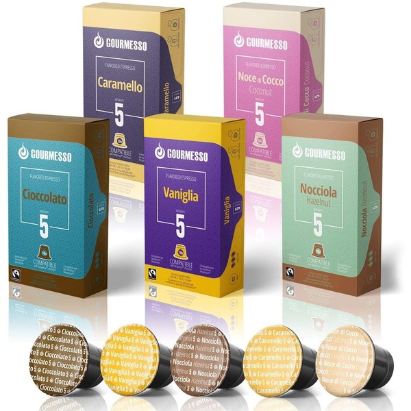 Gourmesso 50ct Flavored Espresso Pods | Int.5 | Proudly Fairtrade | Compatible with Nespresso Original Capsule Machines | Caramel Vanilla Chocolate Hazelnut Coconut | Medium Roast