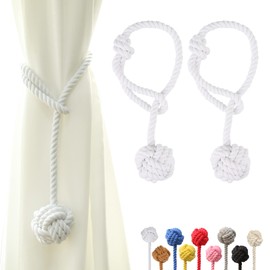 OCIOLI 2 Pieces Curtain Tiebacks Curtain Holdbacks Curtain Ties with Big Woven Ball Outdoor Curtain Tiebacks Cotton Hand Woven Curtain Rope tiebacks Decorative Tie Backs for Drapes (White, 2)