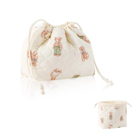 Kinretixia Quilted Cotton Drawstring Makeup Bag with Canvas Lining Cute Aesthetic Travel Toiletry Bag with Coquetry, Drawstring Gift Bag