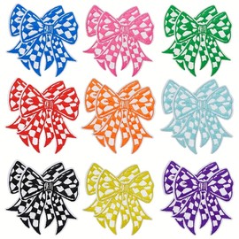 18PCS Bow Iron On Patches Cute Colorful Checkered Embroideried Appliques for Clothing Clothes Jeans Jackets Backpacks Dress Trucker Hats Denim Bags for Girls Women Repair DIY Craft Decoration