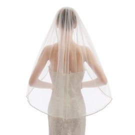 Elawbty Velo de novia corto de 1 nivel con cuentas de cristal para mujer, con peine, X09, Blanco & Estilo 2, 1 T(38 inch/95cm)