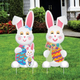 Happy Easter Yard Sign Cutout - Bunnies with Eggs Yard Decorations for Happy Easter Yard Signs Party Lawn Decorations With Metal Stakes, VP4534