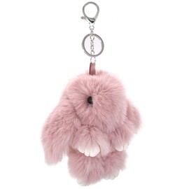 Bellisia Rabbit Keychain Fluffy Pom Pom Bunny Keyring Soft Cute Fashion Faux Fur Car Pendant Handbag Purse Decoration Keychain Solid Pink