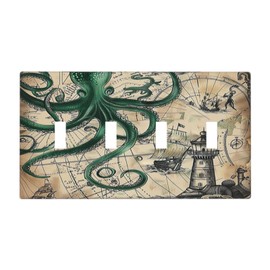 Nadoabtm Light Switch Covers Vintage Green Nautical Octopus Funny Ocean Kraken Quad Toggle Electrical Faceplate 4 Gang Wall Plate Decorative Switch Plates for Kids room Bathroom Decor