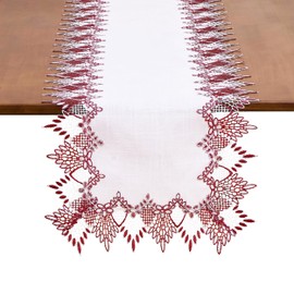 Raedan White Dark Red Jacquard Lace Table Runner 60 inches Long, Claret Dresser Scarf Table Topper for Christmas Kitchen Coffee Table Wedding Party Home Decor (Dark Red, 16”x60”)