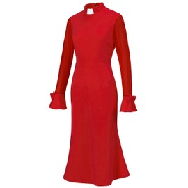 Trumpet Long Sleeve Mesh Church Dress Clergy Tab Insert Collar Priestess Dress (US, Alpha, 3X-Large, Regular, Regular, Red)