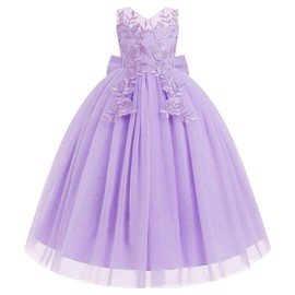 IDOPIP Flower Girl Lace Dress for Kids Wedding Bridesmaid Pageant Party Formal Long Maxi Gown Big Little Princess First Communion Birthday Prom Ball Bowknot Puffy Tulle Dresses Purple 11-12 Years