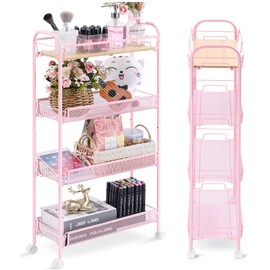 KINGRACK 4-Tier Slim Rolling Cart with Wooden Tabletop, Easy Assemble Metal Utility Cart, Slide Out Narrow Storage Cart for Narrow Space on Bedroom Bathroom Laundry Room Apartments Dormitory, Pink