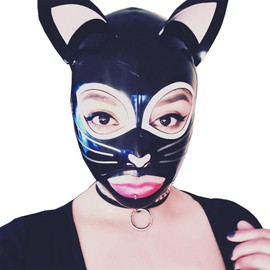 GREEFEI Black Latex Cat Face Hood Masks,Rubber Hooded with Back Zipper for Men Women,Cosplay Masquerade Accessories Handmade L