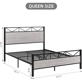 GarveeHome Queen Size Bed Frame with Headboard, Industrial Platform Queen Bed Frame with 14 Strong Metal Slats Support, 11'' Under-Bed Storage, No Noise, Easy Assembly, Light Grey
