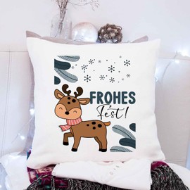 GRAVURZEILE Cushion with Saying "Frohe Fest, Deer" - Decorative Cushion with Cute Reindeer Christmas Motif - Gift for Him and Her for Christmas - Size with Filling