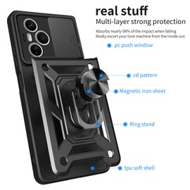 MEMELOKA Hülle für Honor 400 Pro mit Schutzfolie, Kratzfest Militär Schutzhülle + 360° Drehbarer Ständer, TPU Stoßfeste Bumper Handyhülle mit Kamera Schiebeabdeckung, Schwarz