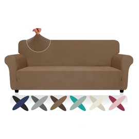 ZNSAYOTX Super Stretch Sofa Cover (72"-92"), New Striped Sofa Covers Fitted Slipcovers with Elastic Bottom, Dog Cat Pets Proof Spandex Washable Fabric Comfortable & Durable (Light Coffee, Sofa)