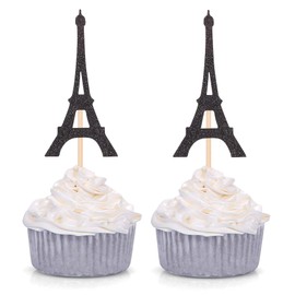 Paris Theme Cupcake Toppers Eiffel Tower Shape Party Picks Wedding Bridal Shower Decorations - 24 Couts - Black
