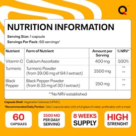 Organic Turmeric and Black Pepper Capsules 2500mg – 1-a-Day with Black Pepper & Vitamin C – High Strength Premium Joint Health, Anti-Inflammatory & Immune Support – 60 Capsules