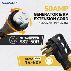 ELEGRP 50 Amp Generator RV Extension Cord 15 FT, 4 Prong NEMA 14-50P to NEMA SS2-50R Twist Lock, Heavy Duty 6/3+8/1 Gauge STW Locking Power Cord for RV Camper/Generator/House, UL Standard Compliant