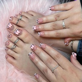 48 Pcs Pink Press On Nails Short Square & Press On Toenails Set - YEFIUO Spring Leopard French Fake Nails Press ons Nail Art Tips Glue on Nails Acrylic Nail Kit False Toe Nails with Bow Charms Design