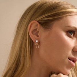 ASCOMY Gold Stud Earrings for Women Dainty Bow Earrings 14K Gold Plated Bow Stud Earrings for Women Trendy Cute Pearl Bows Studs Earring Ribbon Earrings Minimalist Jewelry Gifts for Her