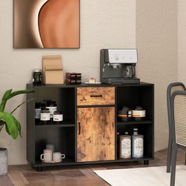 LOKO Industrial Buffet Cabinet with Storage, Kitchen Sideboard Cabinet with Drawer and 4 Open Compartments, Multipurpose Credenza Accent Storage Cabinet, 48 x 16 x 31.5 Inches