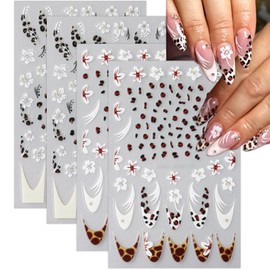 RIICFDD Flower Nail Stickers,4 Sheet Fall Nail Art Stickers Leopard Nail Decals French Tip Nail Stickers for Nail Art,White Floral Self-Adhesive Nail Art Decoration Supplies for Women