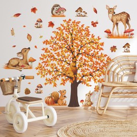 LOONELO Autumn Maple Tree Wall Decals – Thanksgiving Woodland Animal Squirrel Deer Hedgehog Peel and Stick Wall Stickers for Fall Farmhouse Home Living Room Bedroom Sofa TV Decorations