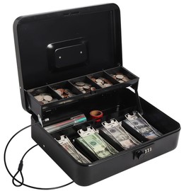 Cash Box with Combination Lock, Money Safe for Cash, Lock Box with Security Cable 11.8 x 9.5 x 3.54 Inches, Black