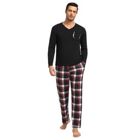 Sykooria Pijamas Para Hombres Long Sleeve Flannel Pajamas for Men Organic Cotton Pjs Loungewear Lightweight Sleepwear Black
