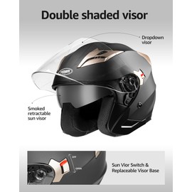 Motorcycle Open Face Helmet DOT Approved - YEMA Helmet YM-627 Motorbike Moped Jet Bobber Pilot Crash Chopper 3/4 Half Helmet with Sun Visor for Adult Men Women - Matte Black,Large