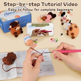 Amorloop Crochet Kit for Beginners Adults Kids – 3 PCS Crochet Animals Kit with Easy-to-See Stitches Yarn and Video Tutorials, Cute Designs, Crochet Starter Kit for First-Time Learners