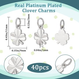 Beebeecraft 1 Box 40Pcs Four Leaf Clover Charm Silver Clover Charms Platinum Plated Brass Pendant Charm Good Luck Shamrock Pendant Connectors for Jewelry Making Earrings Bracelets Necklaces DIY Crafts
