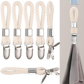 Ezranova Hanging Tea Towels Clip, 5 Pcs Brackets-Braided CottonTowel Clips with Hanging Loop, Cloth Hook Clip Hangers for Home Kitchen Bathroom Cupboards Cloth Hanger Holder Loop