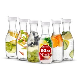 Party Bargains 50 oz. Plastic Carafe with Lids - Clear, 6 Count, White Flip Tab Lid Premium Quality & Heavy Duty Plastic Pitcher for Iced Tea, Powdered Juice, Cold Beverages, Mimosa Bar