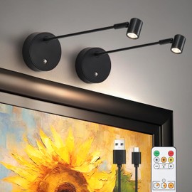 Lights for Pictures On Wall, Battery Operated Picture Light Rechargeable, Black Led Art Lighting for Paintings Wireless with Remote Magnetic Stick Dimmable and Timer（2 Pack