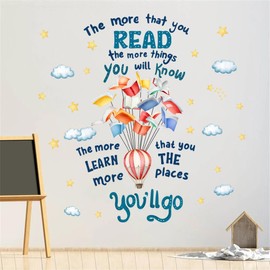 MXAEUK Reading Book Wall Decal,The More That You Read The More Things You Will Know Inspirational Quote Vinyl Wall Stickers, Removable Educational Reading Artwork for Classroom Office Library Decor