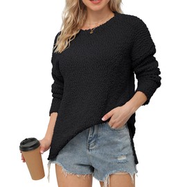 GRECERELLE Womens Chunky Knit Jumper Sherpa Fleece Fuzzy Fluffy Sweatshirt Ladies Casual Crew Neck Tunic Sweaters Winter Autumn Spring Warm Soft Pullover Tops for Women (Black, L)