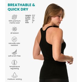 Merino Wool Tank Top Women - Active Merino Wool Undershirt Moisture Wicking Breathable Anti-Odor Lightweight Base Layer (Medium, Black Tank)