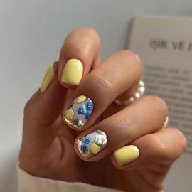 Summer Press on Nails Short Square SWEKKE Petite Fake Nails Yellow Full Cover Lemon Blue Flower False Nails with Designs Glossy Glue on Nails Acrylic Nails Manicure Artificial Nails for Women Girls