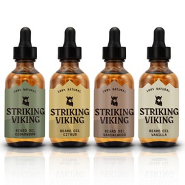 Striking Viking Beard Oil 4 Pack - Softening and Conditioning Beard Oil for Men - Citrus, Vanilla, Sandalwood, & Cedarwood Variety Scents - Enriched with Argan, & Jojoba Oils- Strengthens Beard Growth