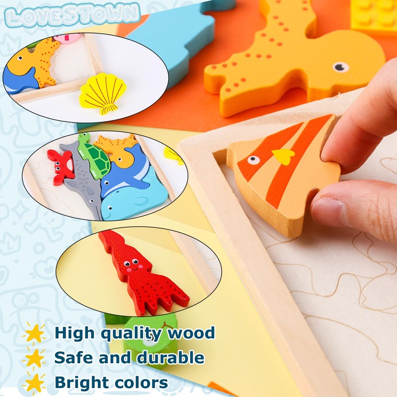 LovesTown 12PCS Wooden Stacking Puzzles, Educational Toys Sea Animal Chunky