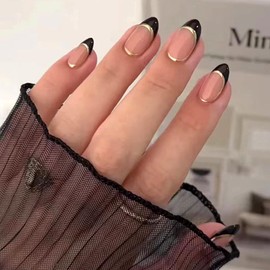 30Pcs Black French Almond Press on Nails Short Nails Press Ons RUPOFUZA Nude Fake Nails with Gold Thread Glue on Nails Artificial Nails Acrylic Stick on Nails for Women